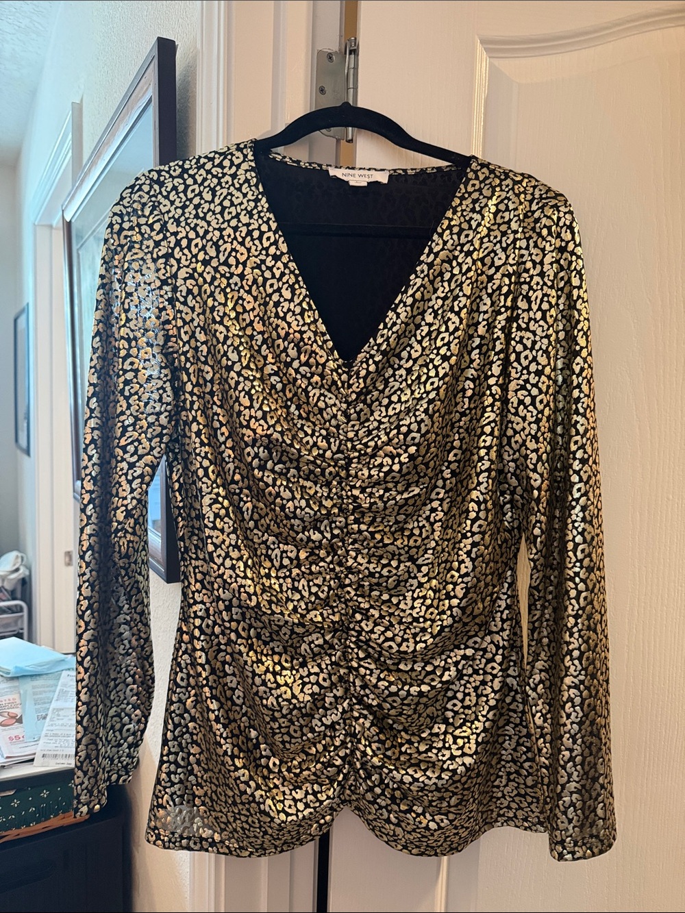 Nine West Black and Gold Metallic Animal-Print Draped Long-Sleeve Dress